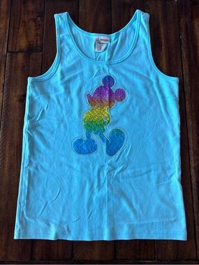Disneyland Light Blue Tank Top with Rainbow Mickey Graphic